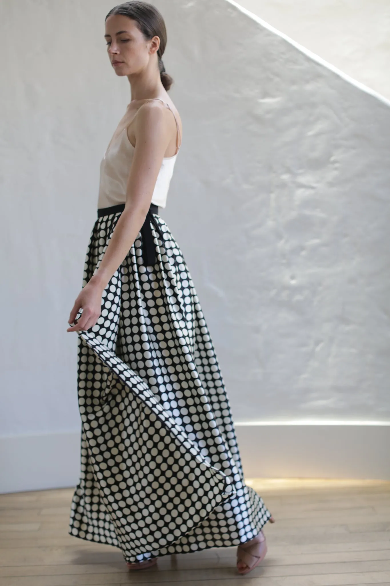 Charmeuse Pleated Long Wrap Skirt | Big Polkadot