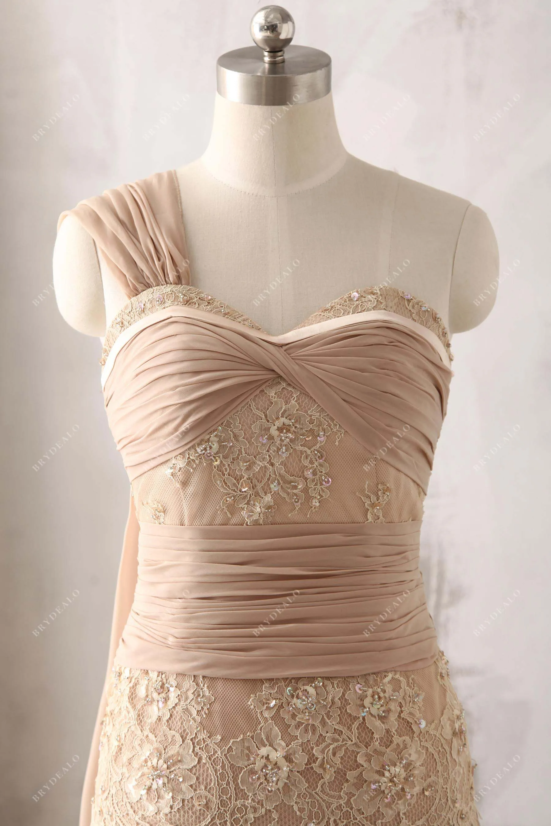 Chic Beige Chiffon Streamer Lace Prom Dress