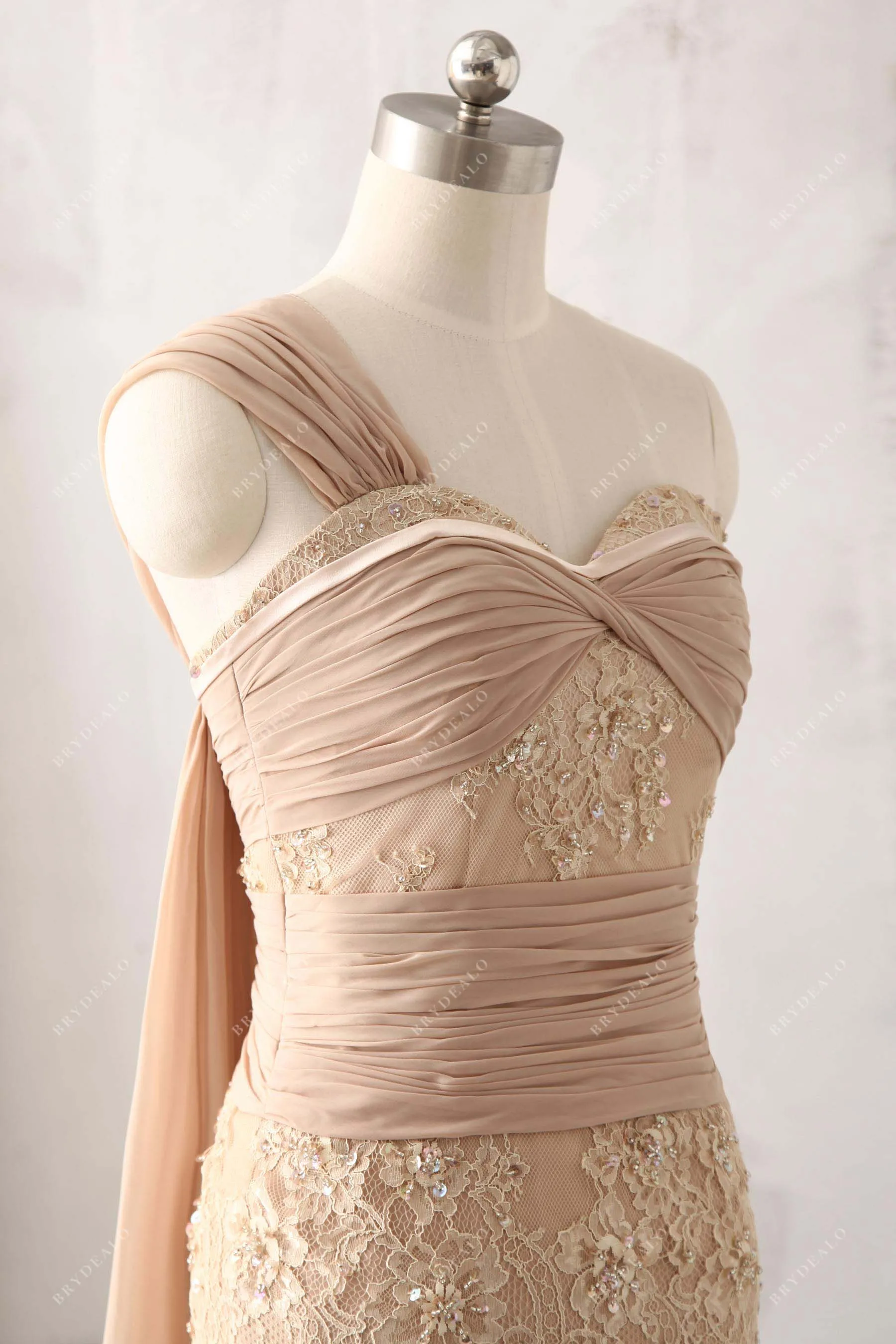 Chic Beige Chiffon Streamer Lace Prom Dress