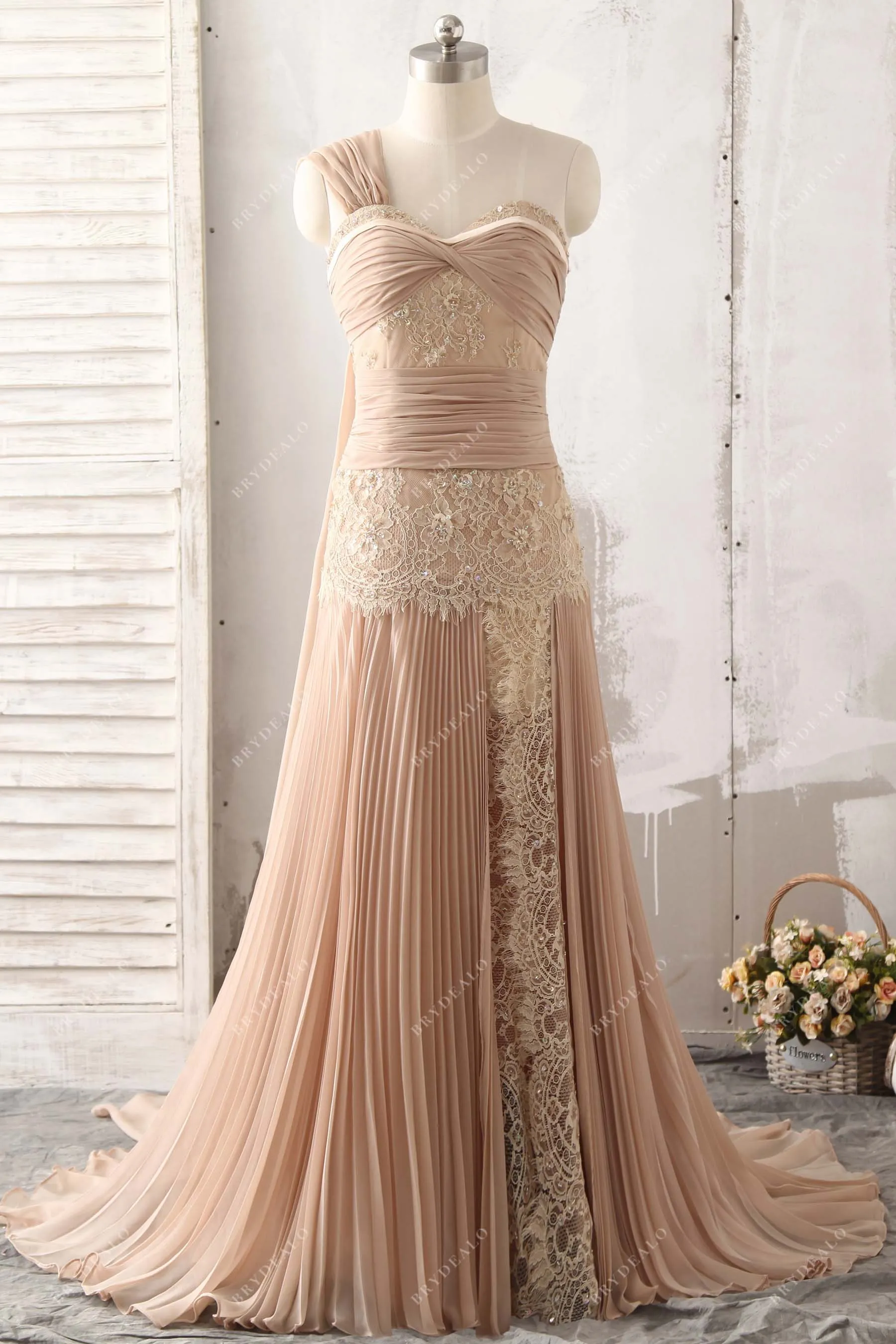 Chic Beige Chiffon Streamer Lace Prom Dress