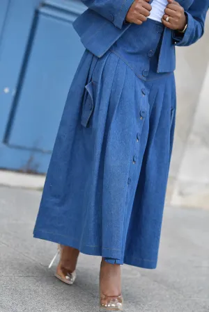 Chic Flap Pocket Side Button Pleated Denim Skirt