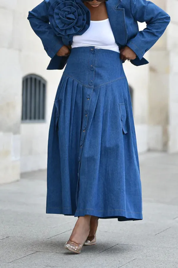 Chic Flap Pocket Side Button Pleated Denim Skirt