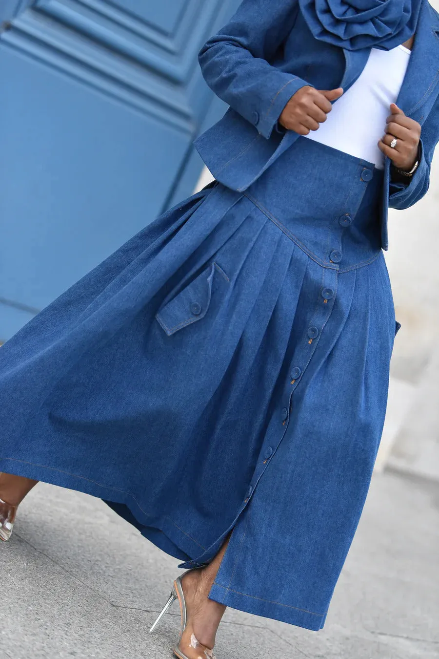 Chic Flap Pocket Side Button Pleated Denim Skirt