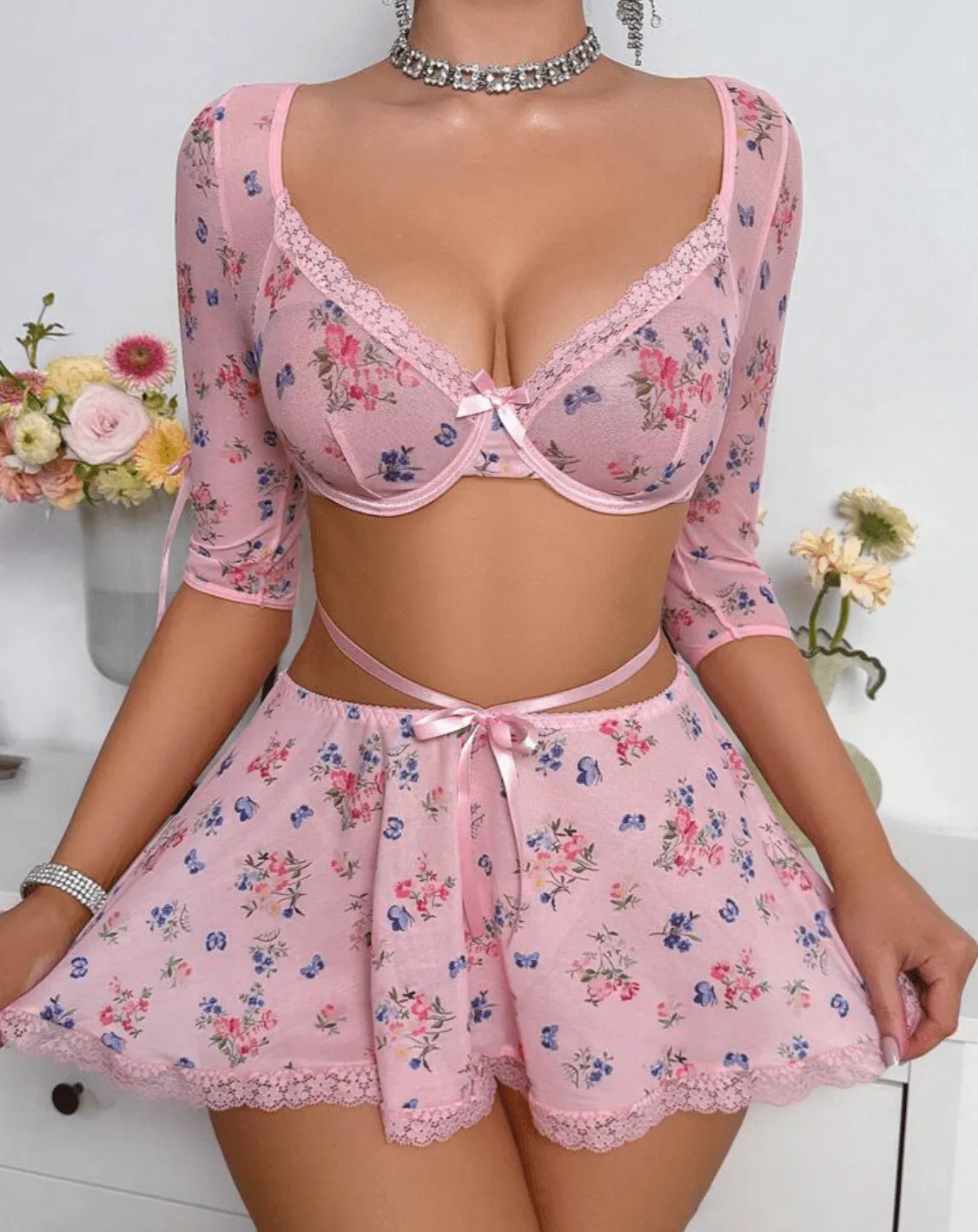 Coquette Lingerie Skirt Set Floral Babydoll Pink