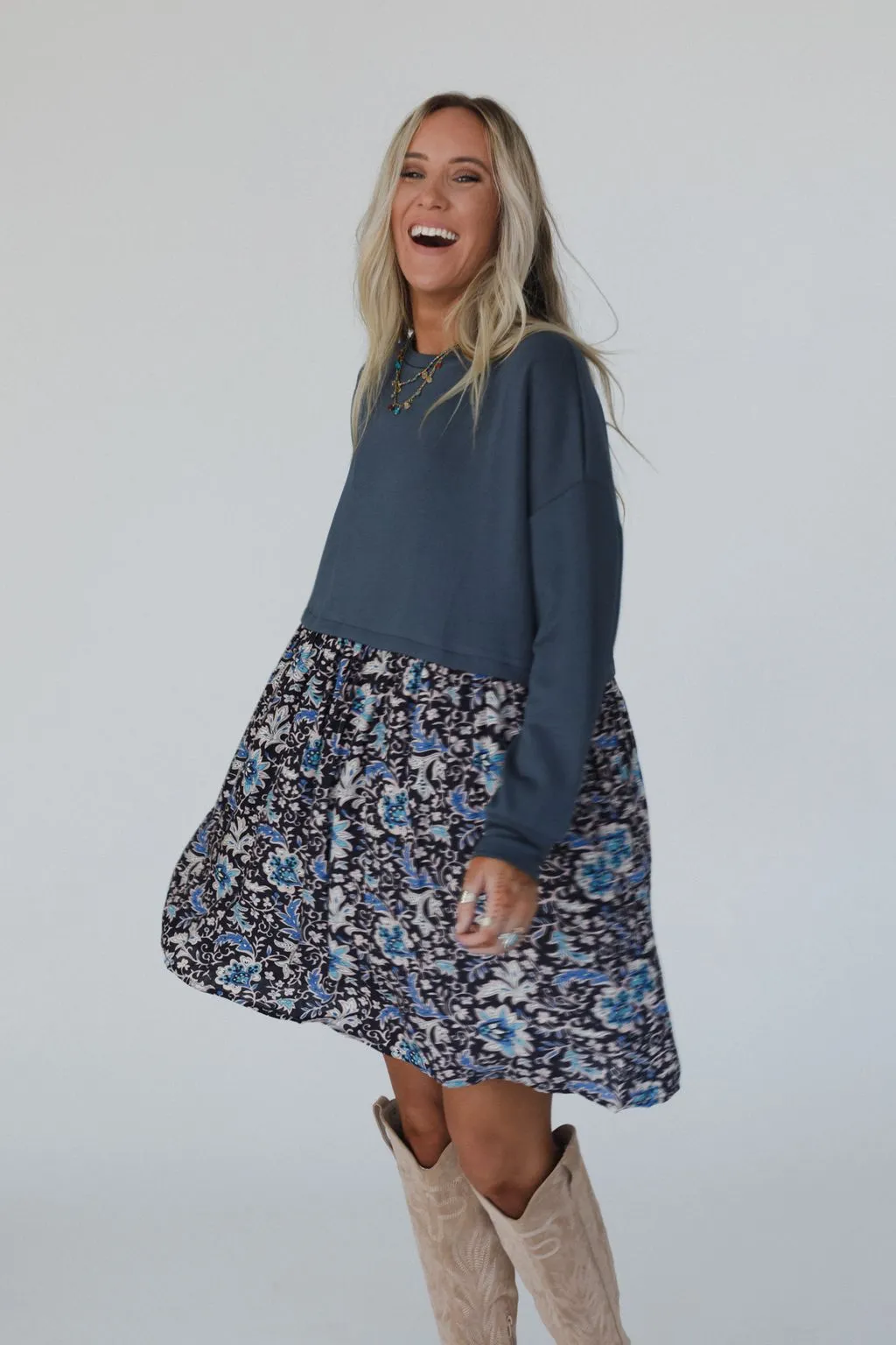 Cozy Blooms Contrast Dress - Navy Multi