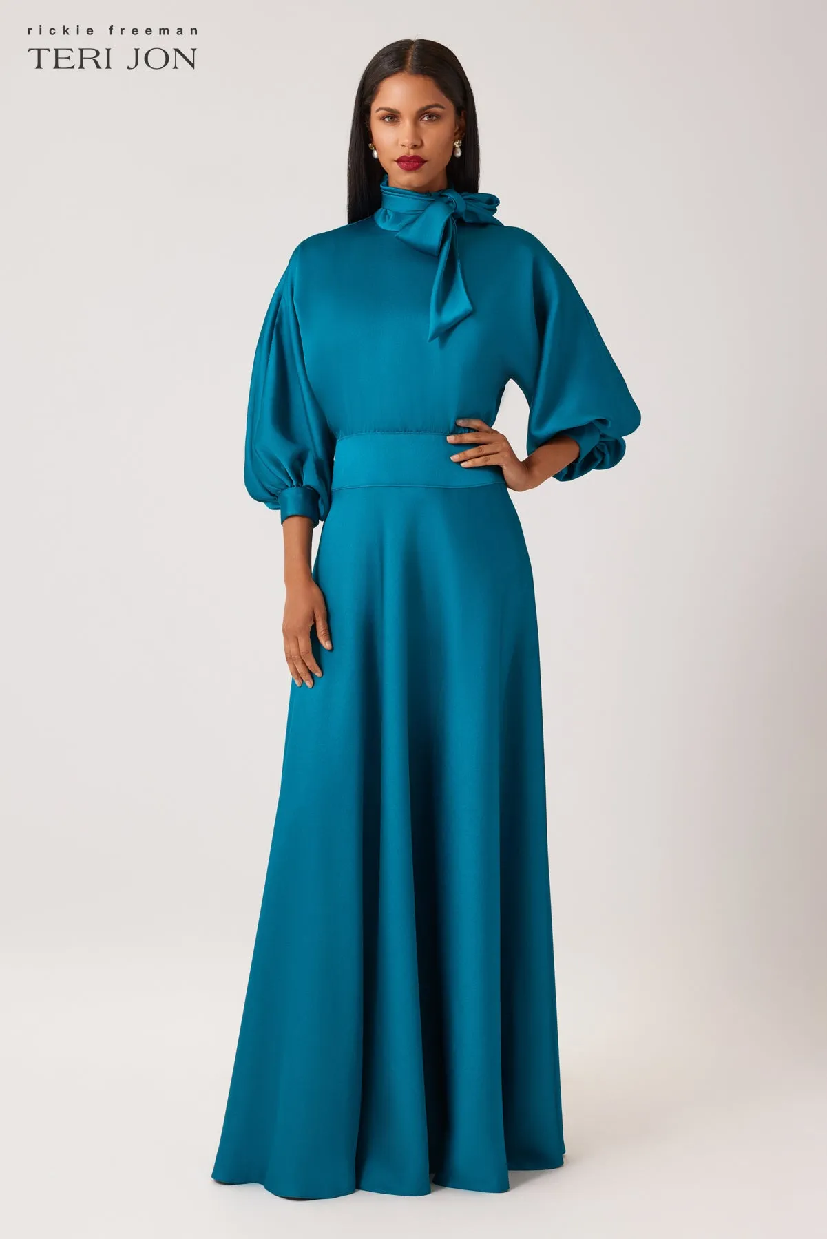 Crepe Back Satin Tie Neck Gown