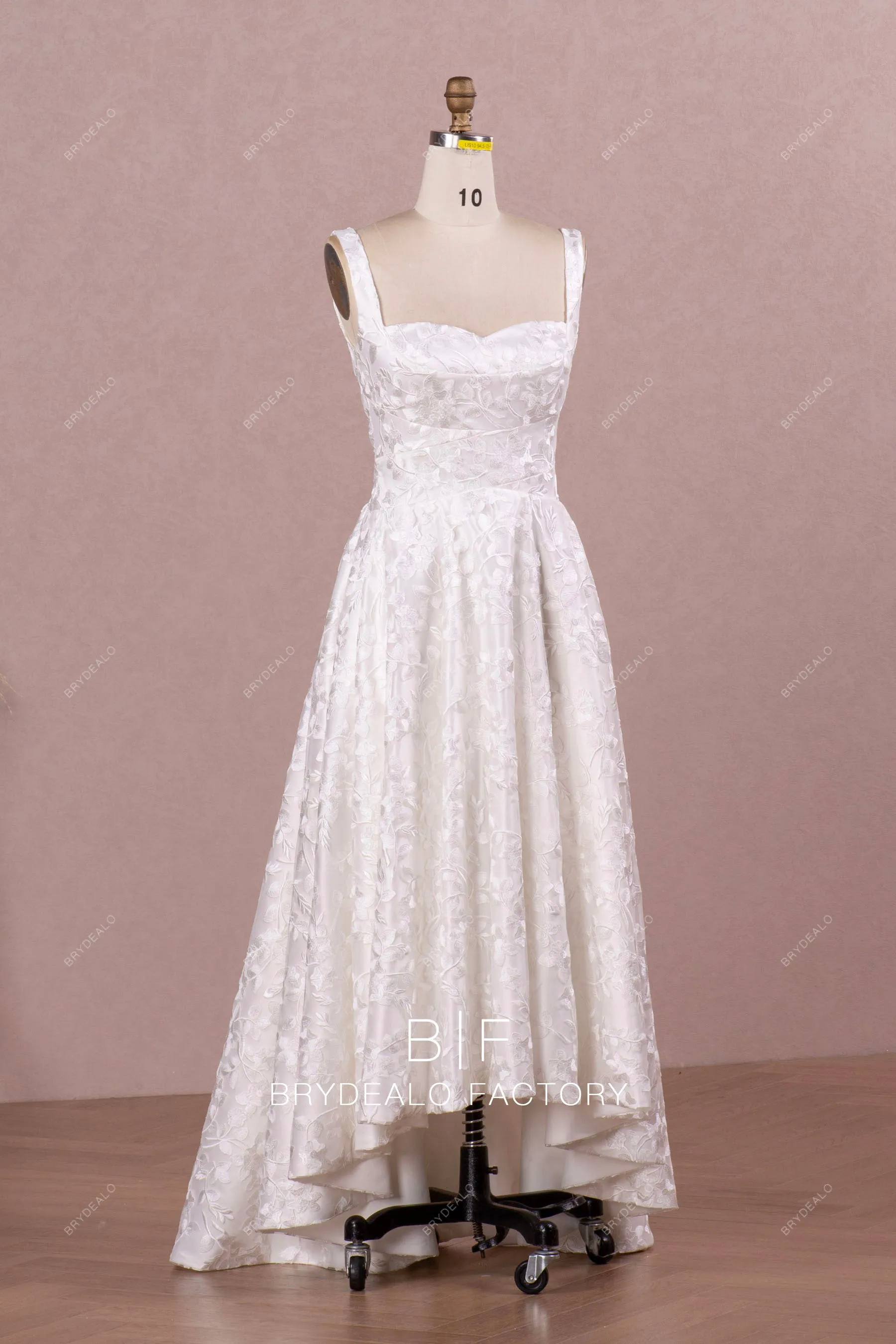 Designer Lace High-Low Sleeveless Vintage Straps Pockets Bridal Dress