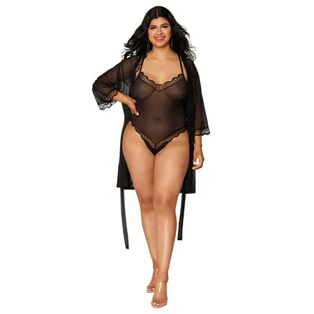 Dreamgirl Mesh Robe & Strappy Back Teddy With Lace Trim Black 2XL Hanging