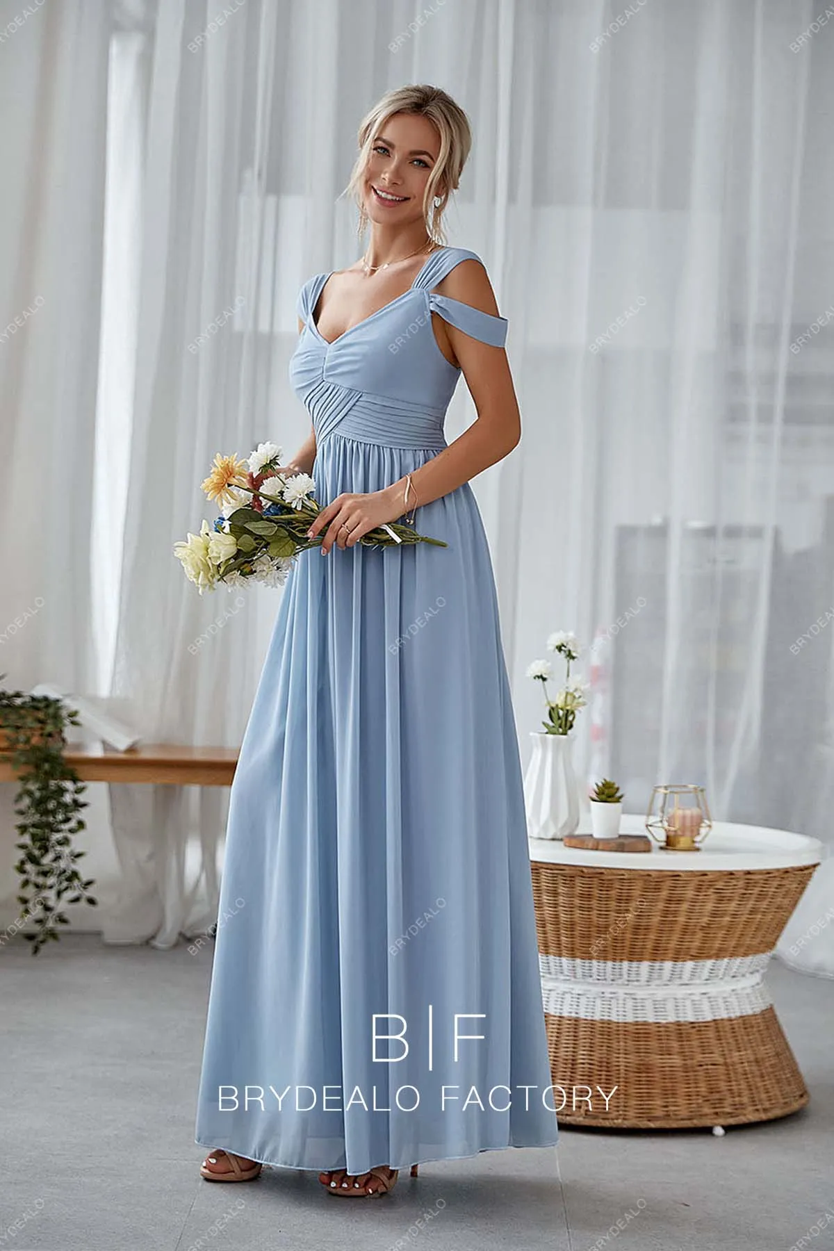 Dusty Blue Cold Shoulder Pleated Empire Chiffon Bridesmaid Gown