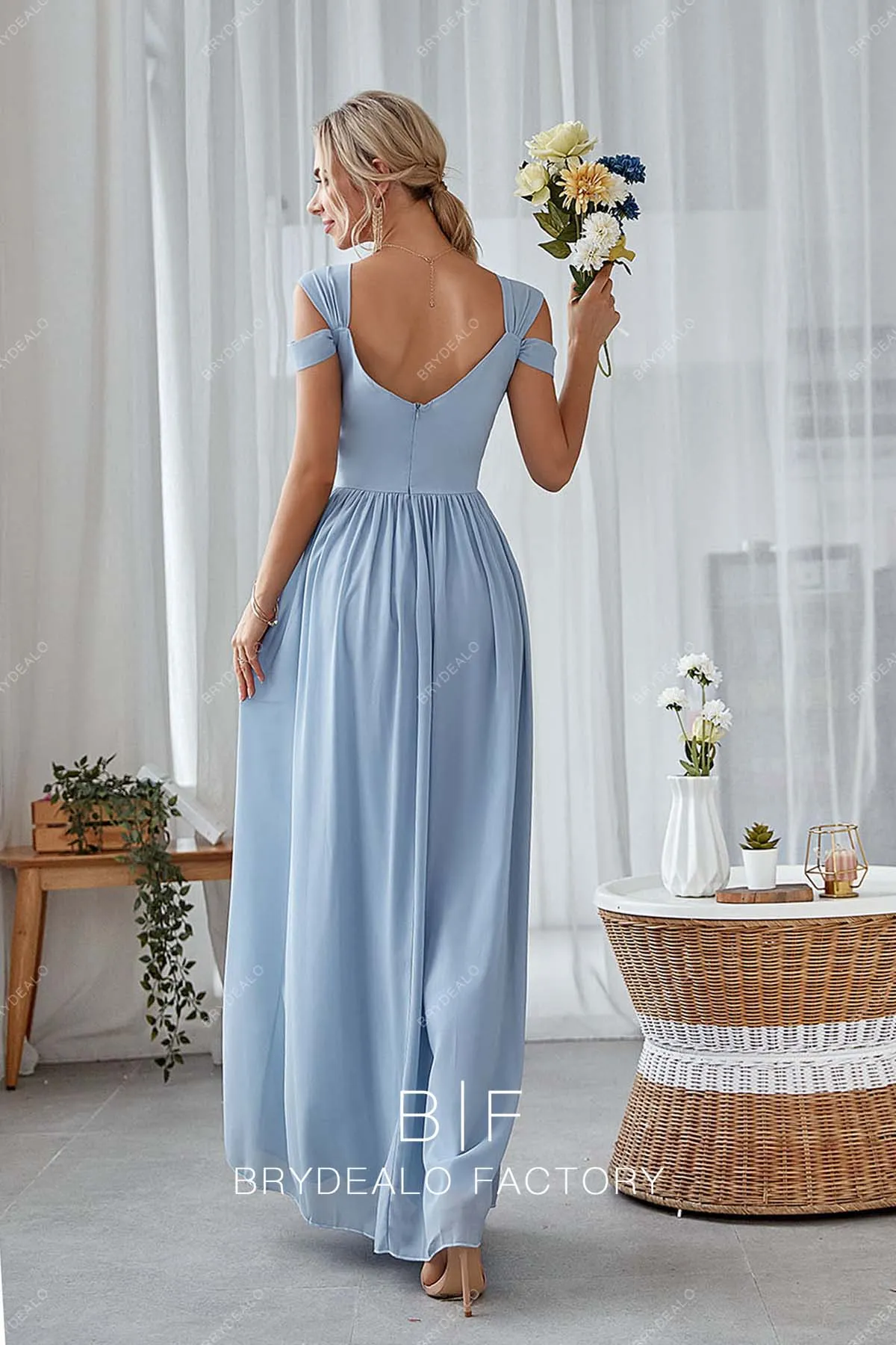 Dusty Blue Cold Shoulder Pleated Empire Chiffon Bridesmaid Gown