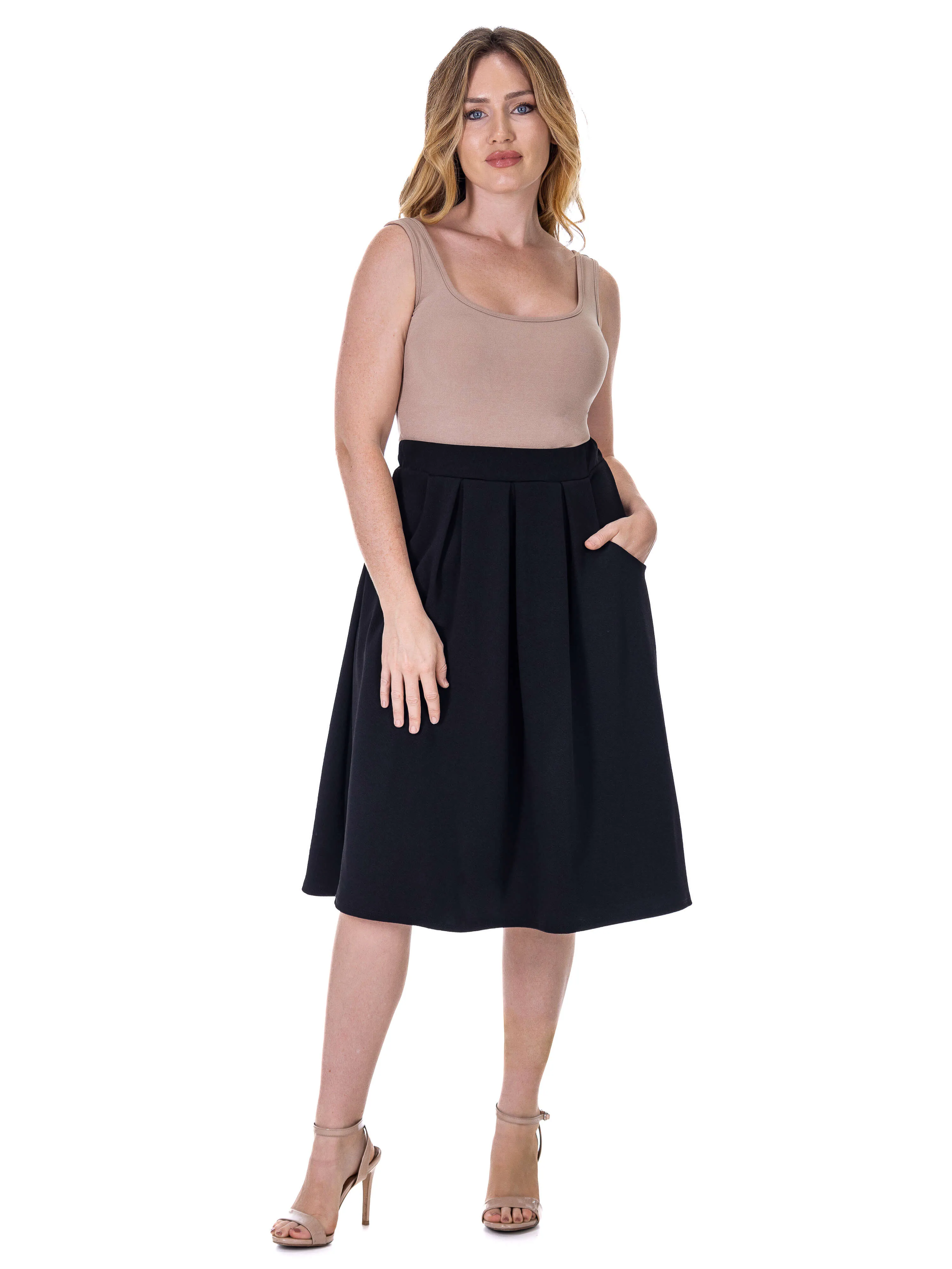 Elastic Waist Pleated Knee Length Pocket Skirt