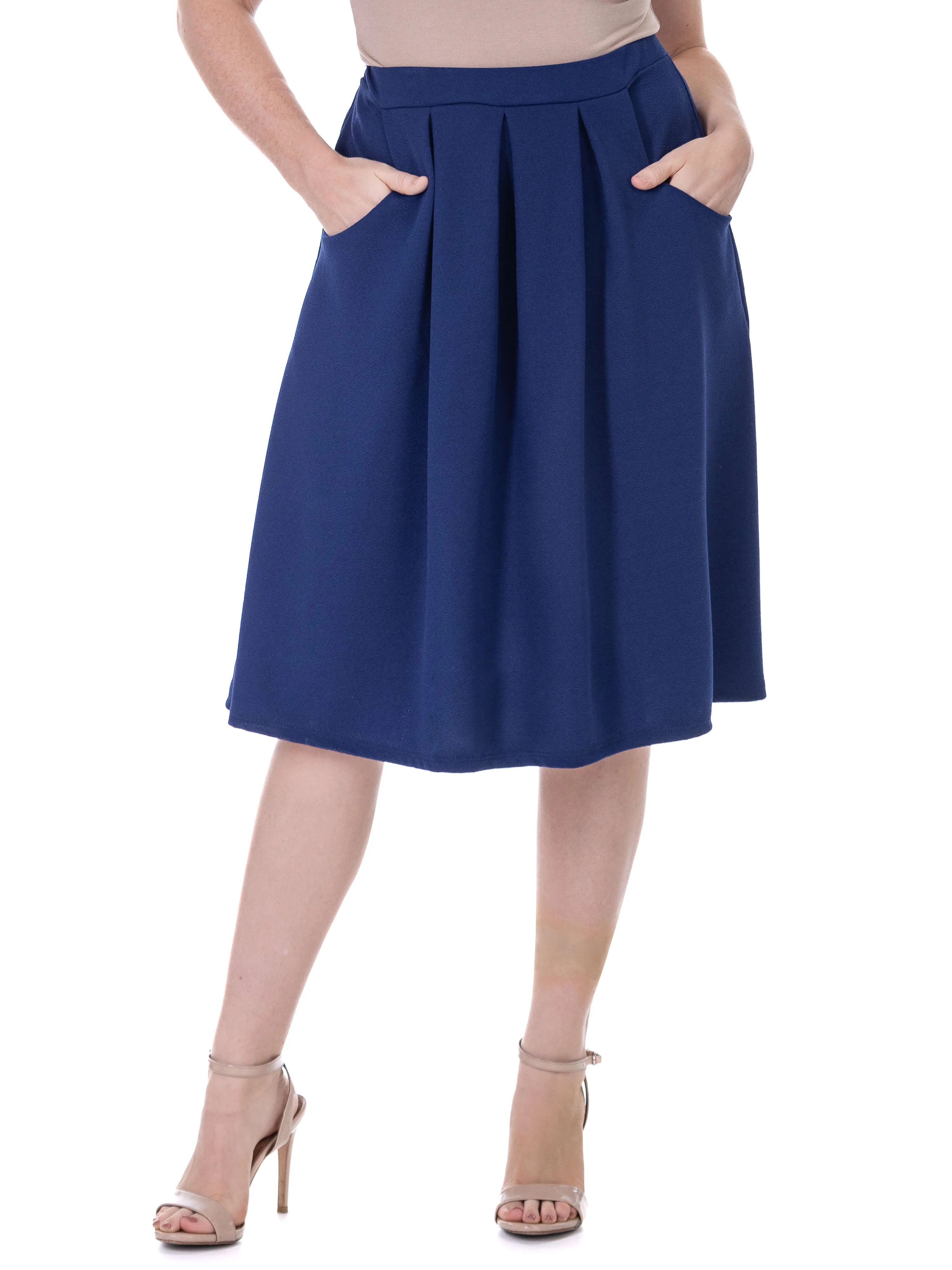 Elastic Waist Pleated Knee Length Pocket Skirt