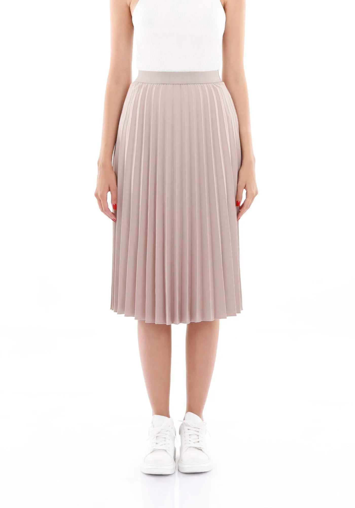 Elastic Waist Plisse Pleated Midi Skirt