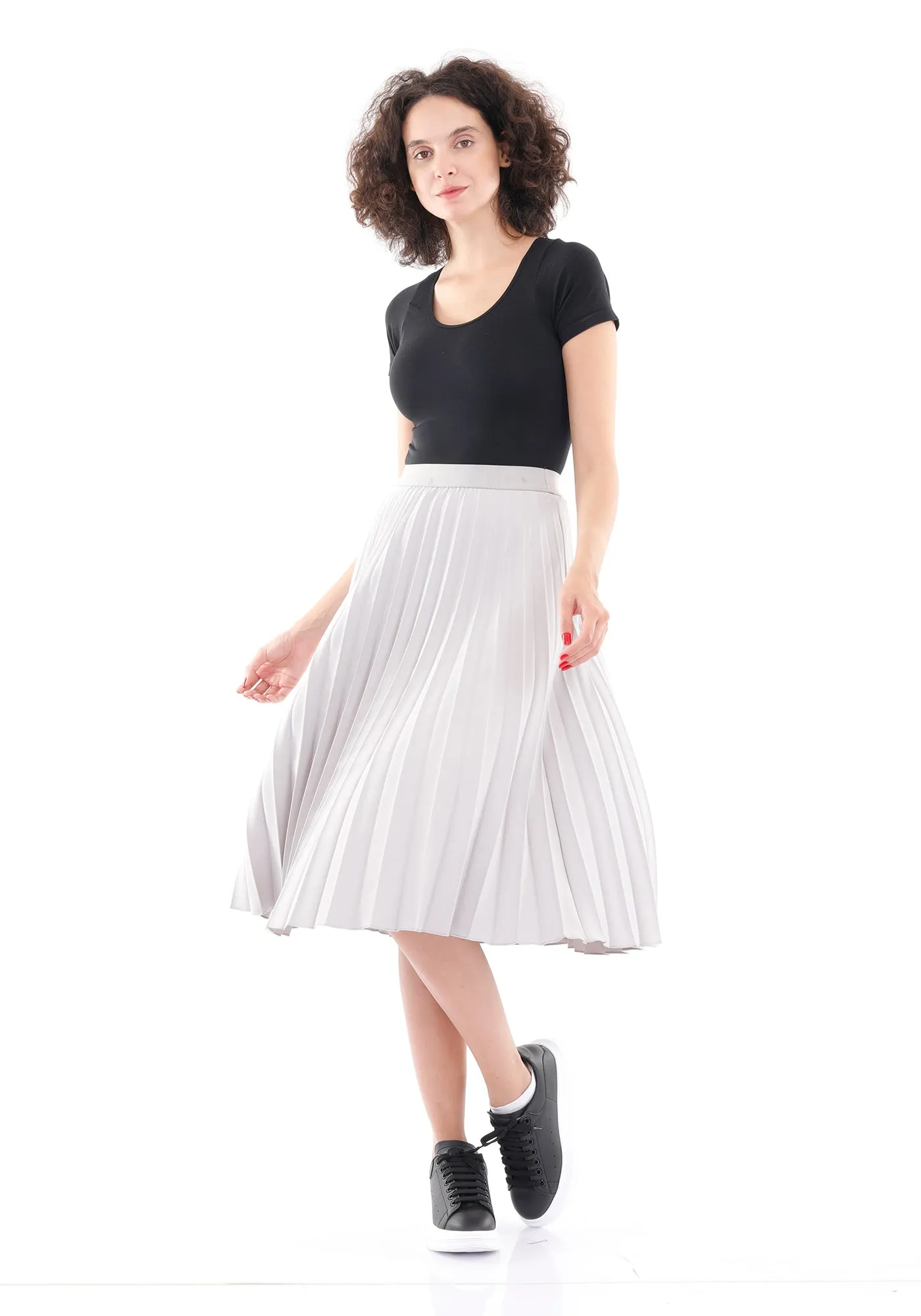 Elastic Waist Plisse Pleated Midi Skirt