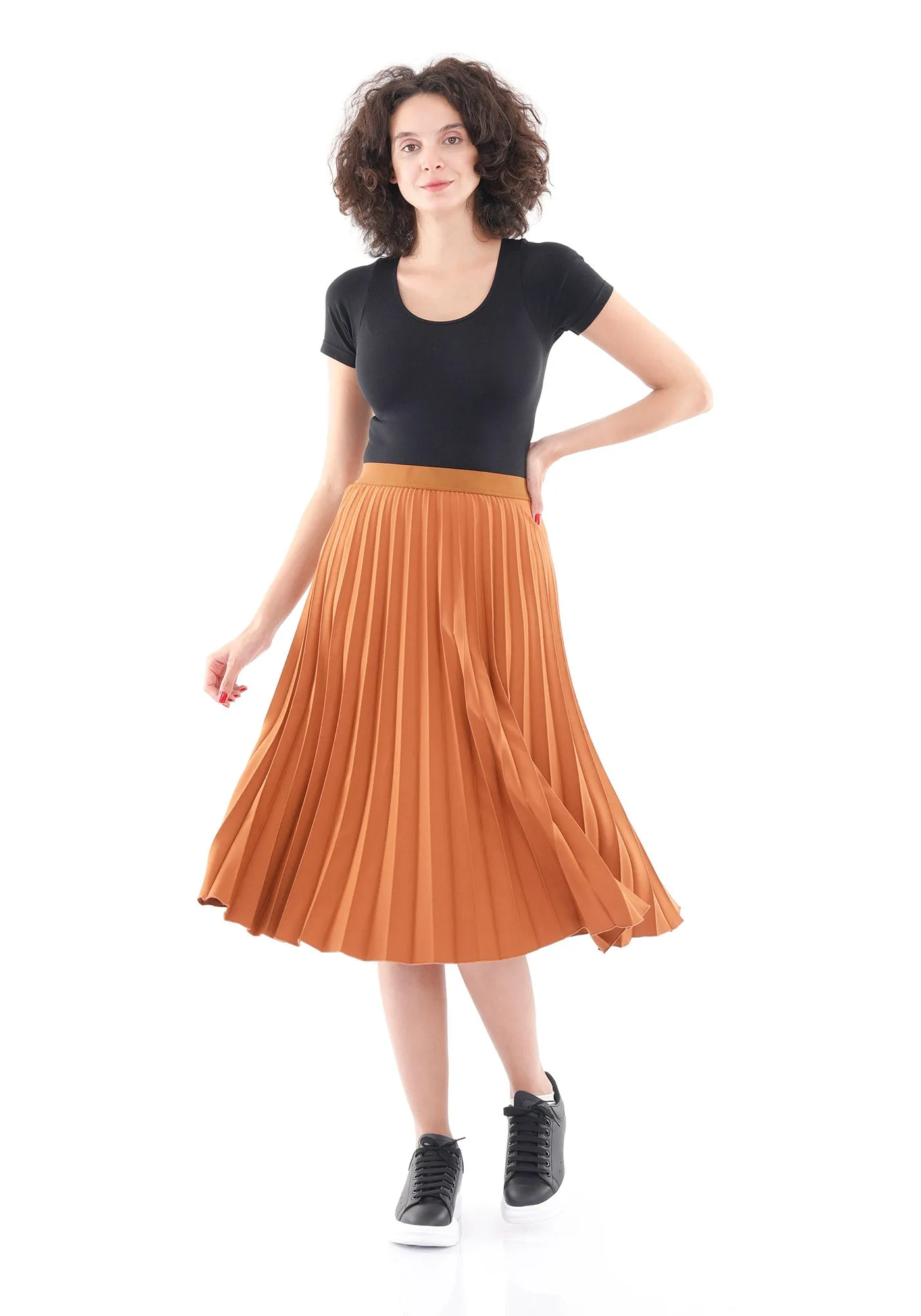 Elastic Waist Plisse Pleated Midi Skirt