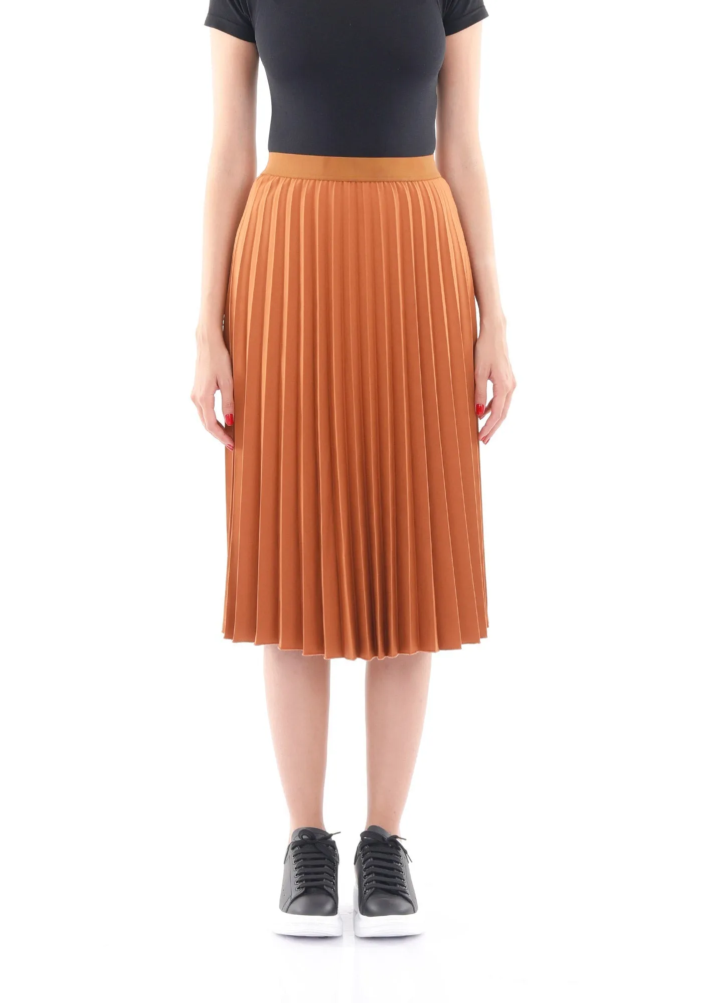 Elastic Waist Plisse Pleated Midi Skirt