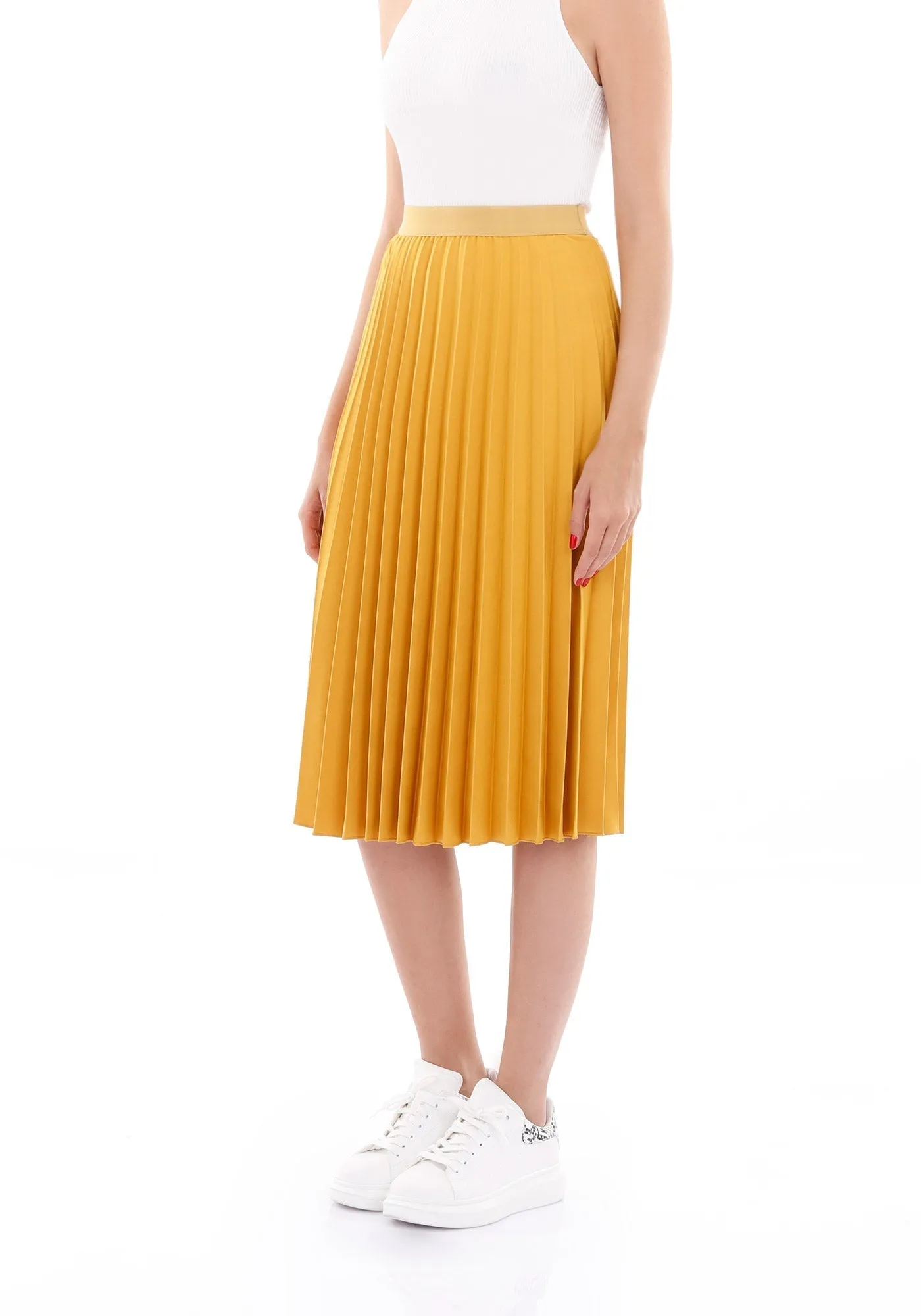 Elastic Waist Plisse Pleated Midi Skirt