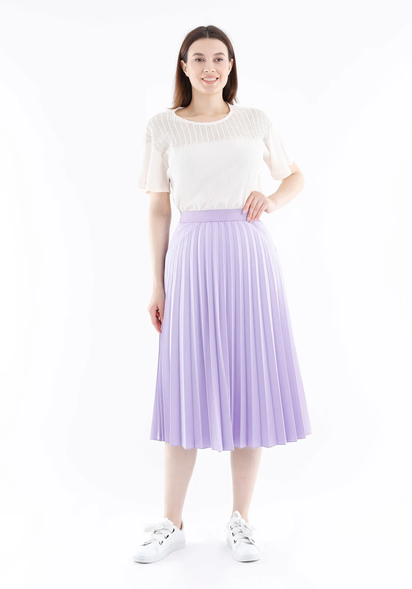 Elastic Waist Plisse Pleated Midi Skirt