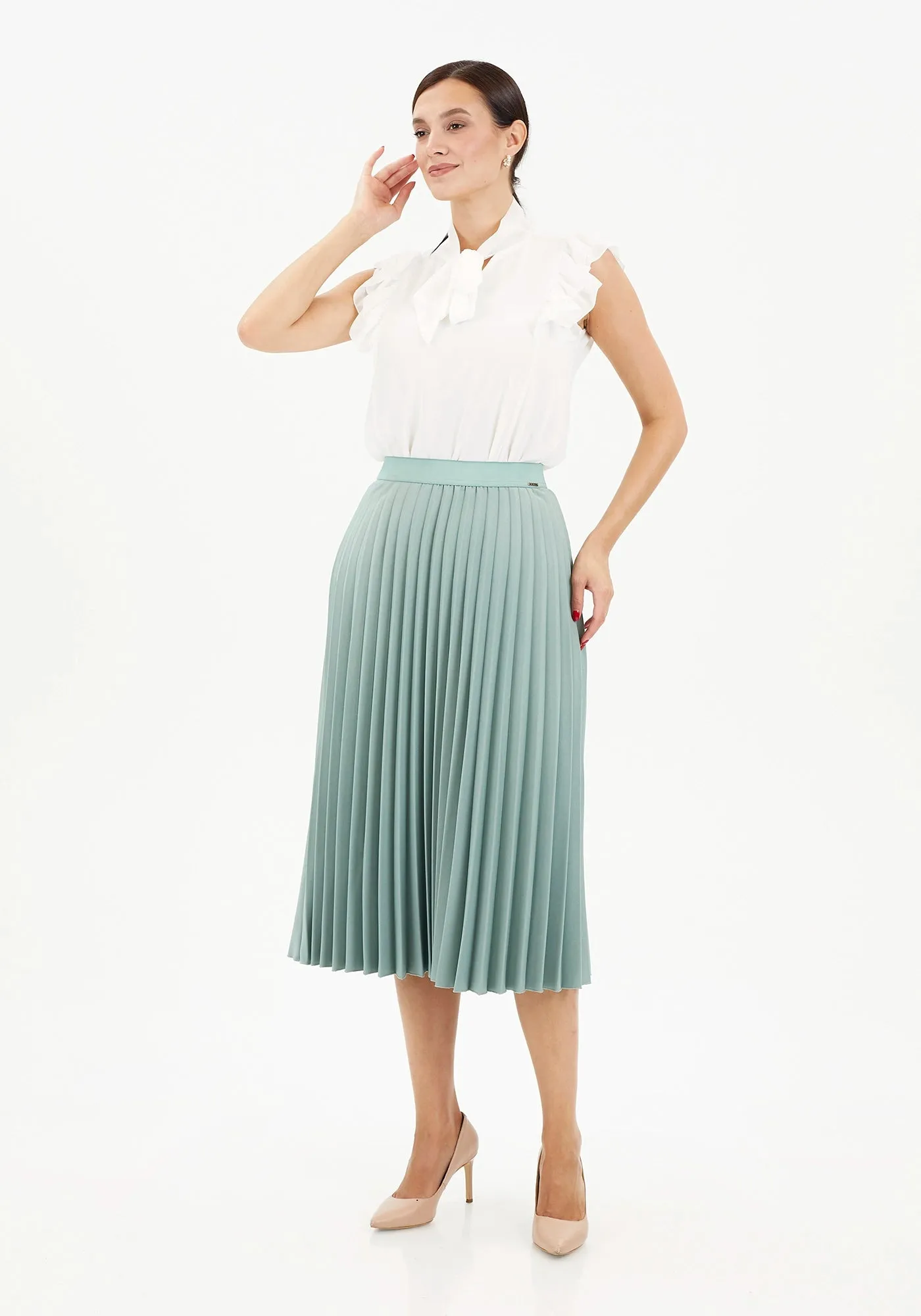 Elastic Waist Plisse Pleated Midi Skirt