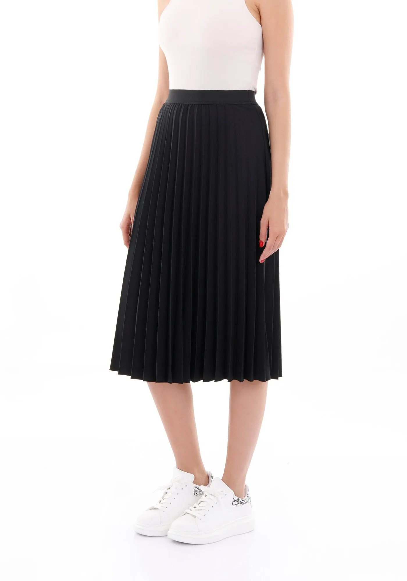 Elastic Waist Plisse Pleated Midi Skirt