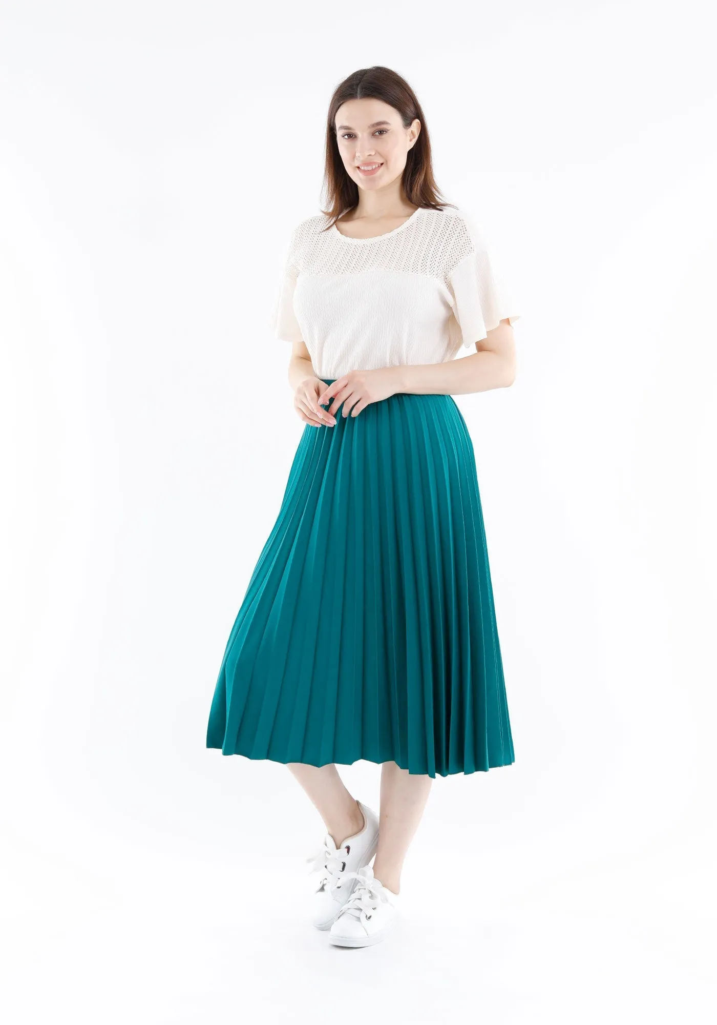 Elastic Waist Plisse Pleated Midi Skirt