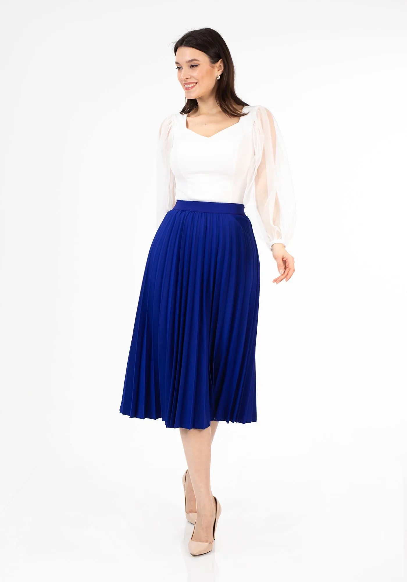 Elastic Waist Plisse Pleated Midi Skirt