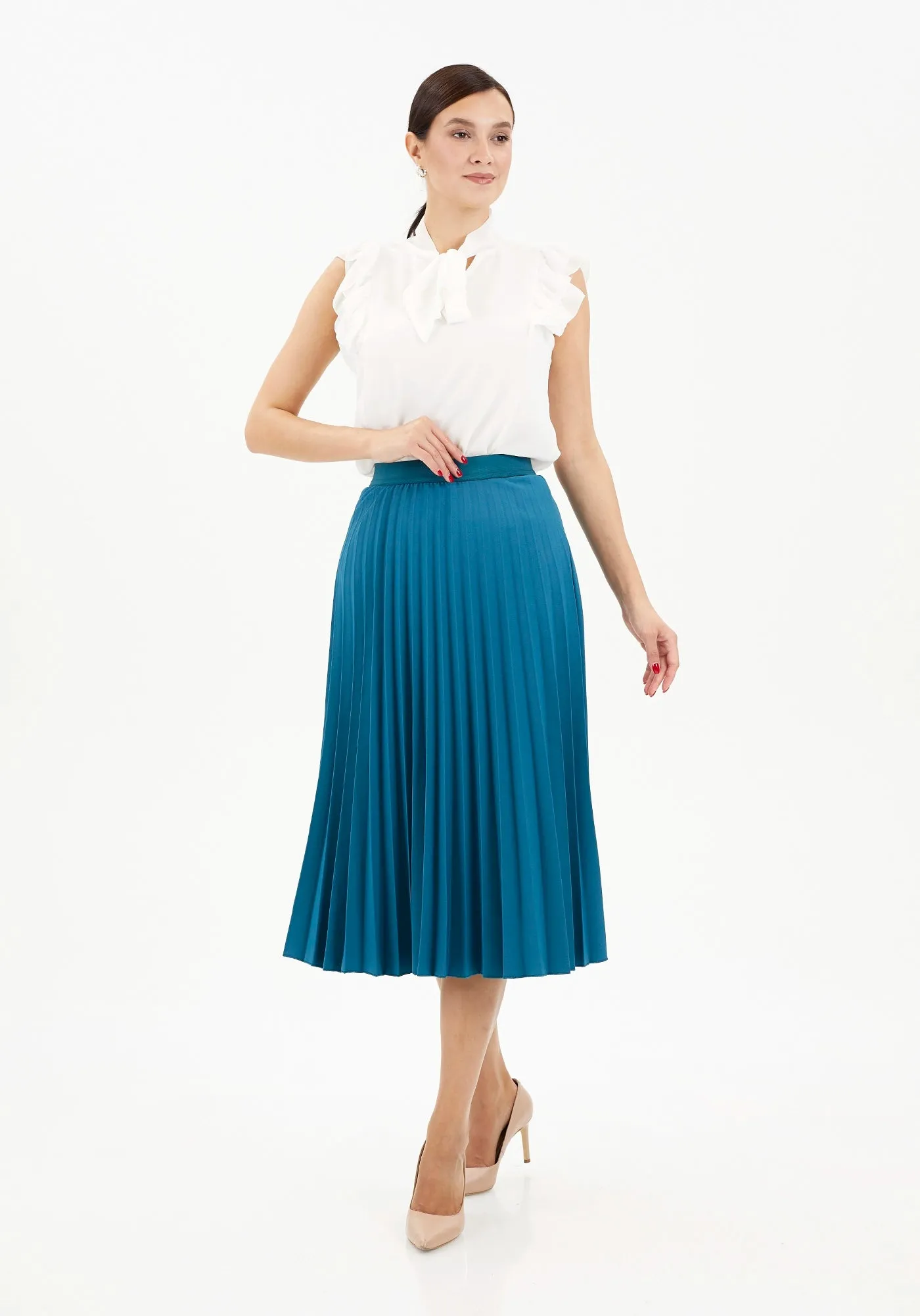 Elastic Waist Plisse Pleated Midi Skirt