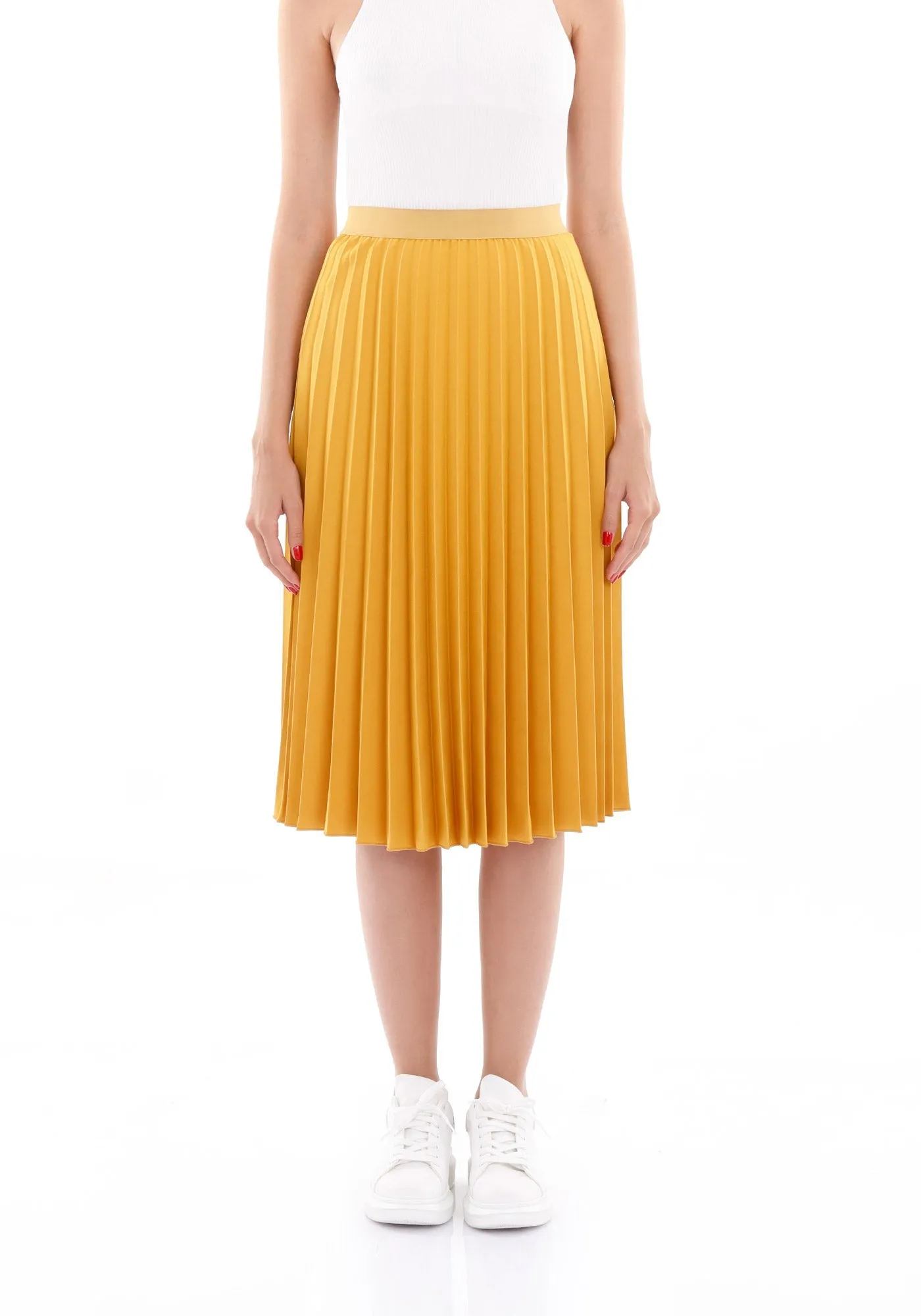 Elastic Waist Plisse Pleated Midi Skirt