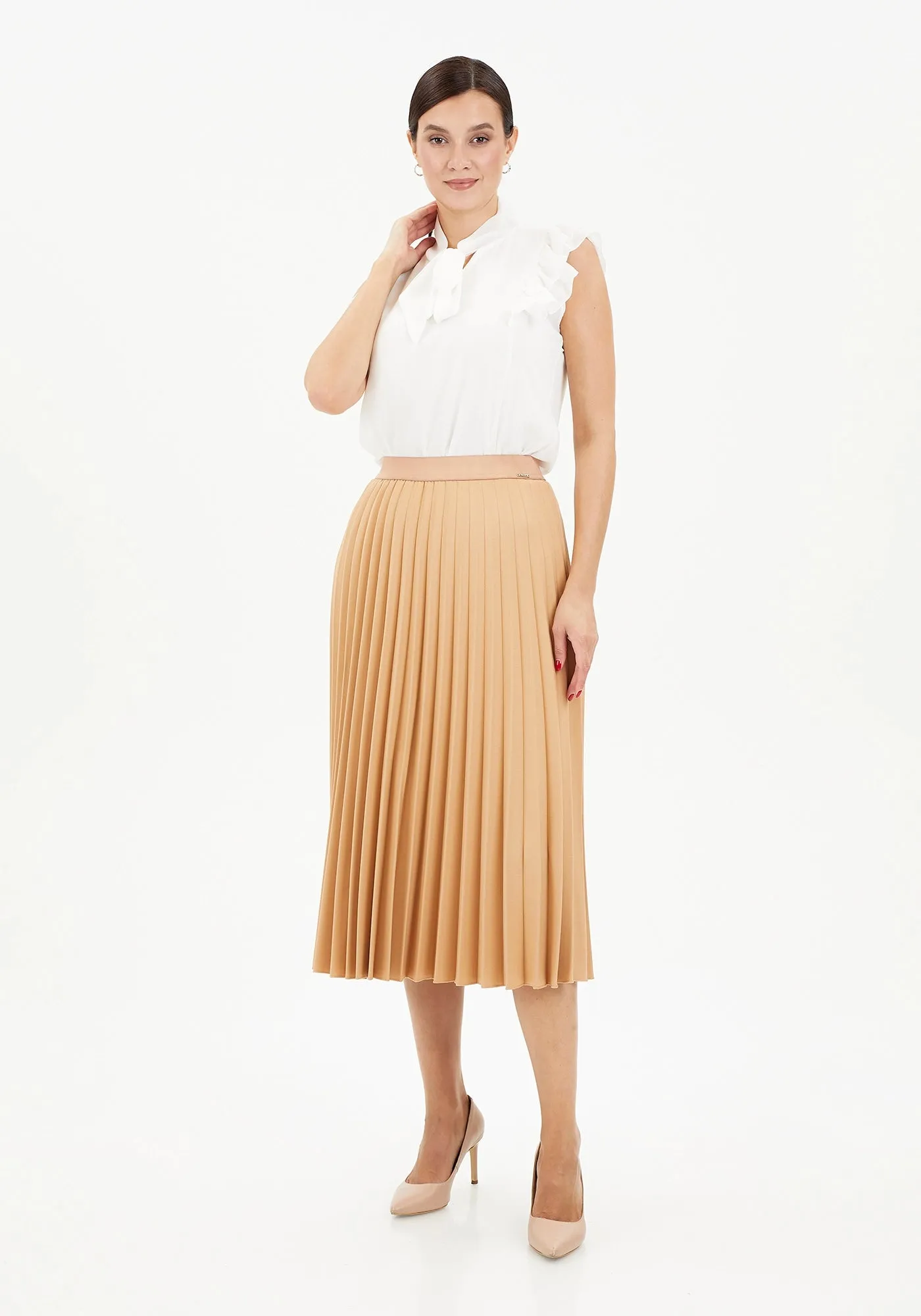 Elastic Waist Plisse Pleated Midi Skirt