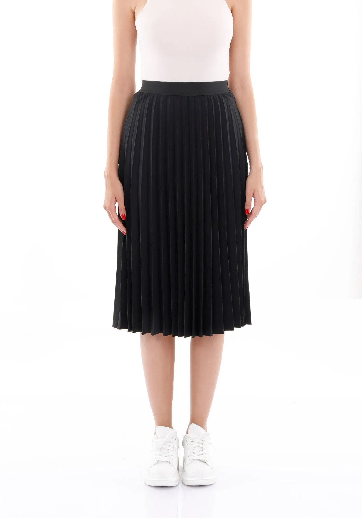 Elastic Waist Plisse Pleated Midi Skirt