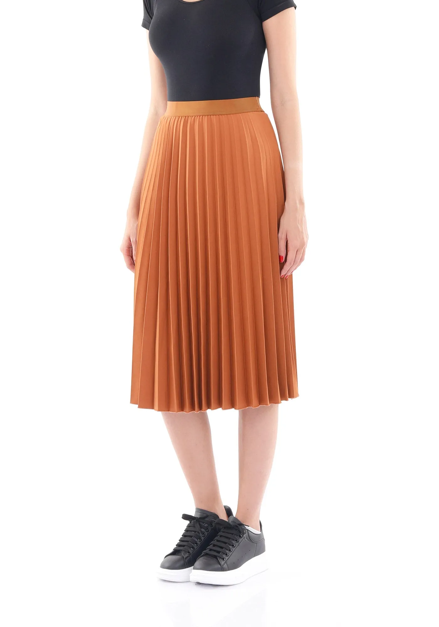 Elastic Waist Plisse Pleated Midi Skirt