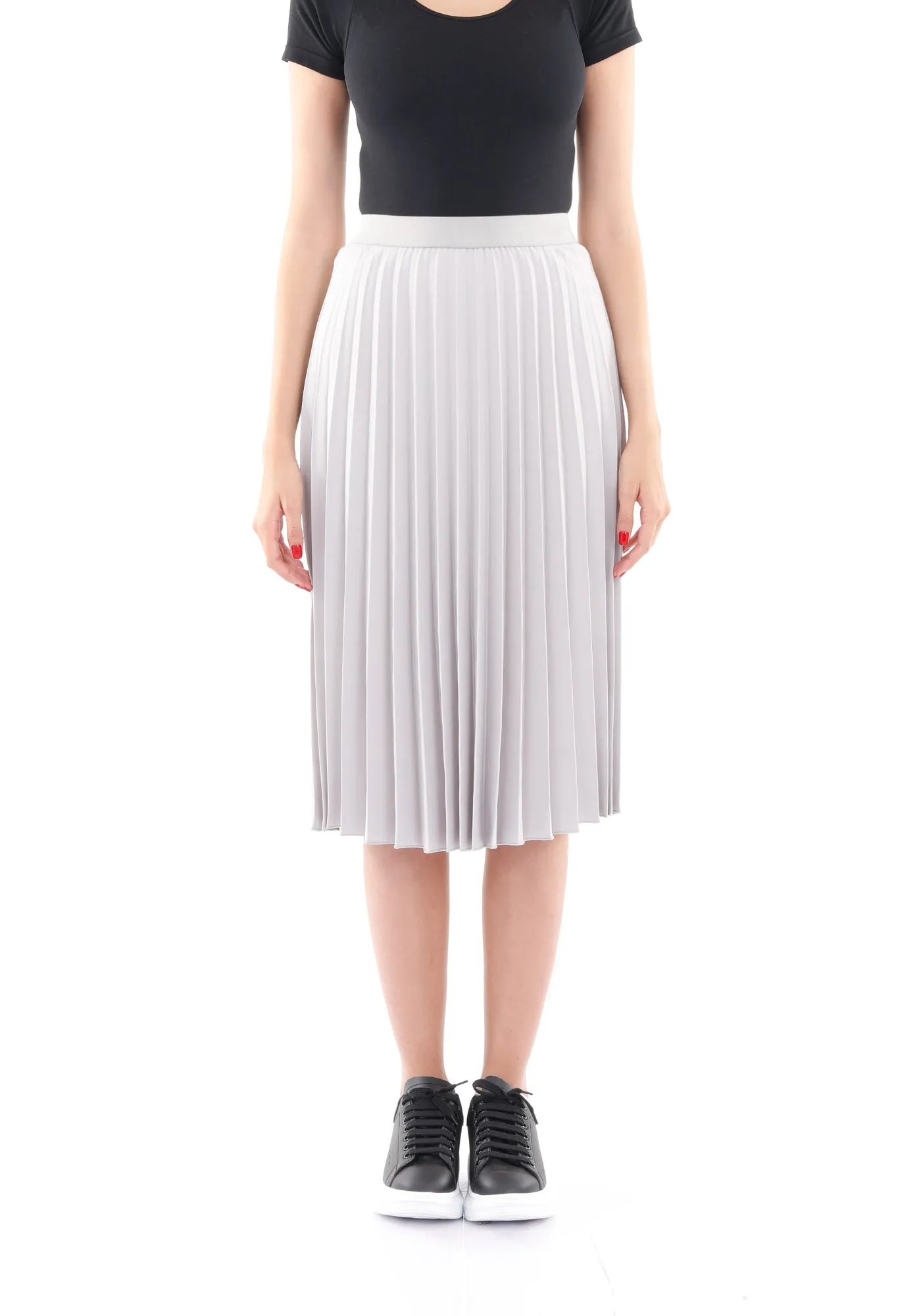 Elastic Waist Plisse Pleated Midi Skirt