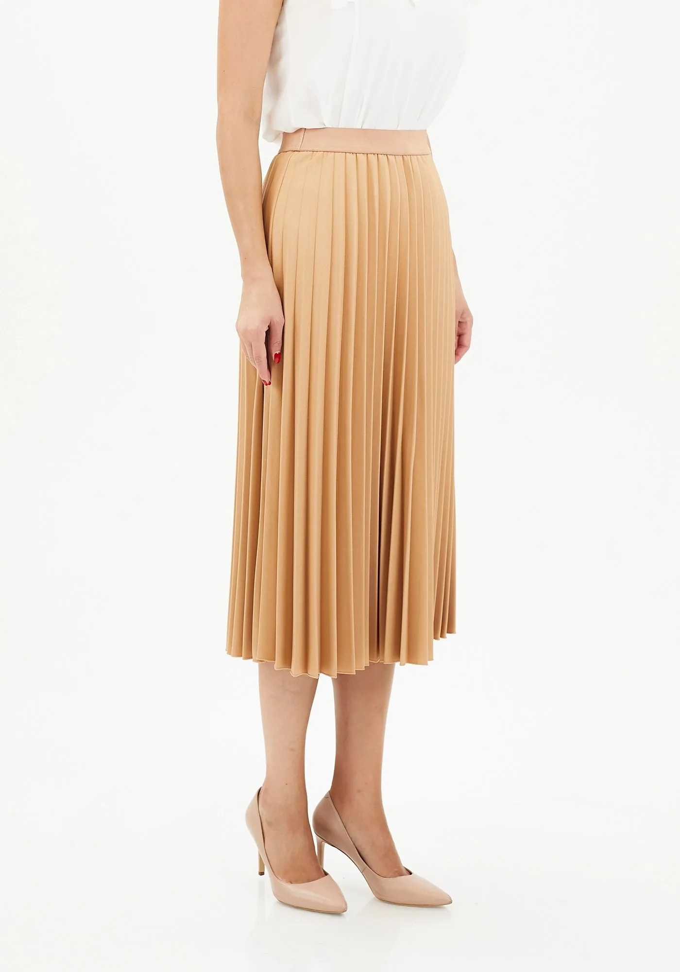 Elastic Waist Plisse Pleated Midi Skirt