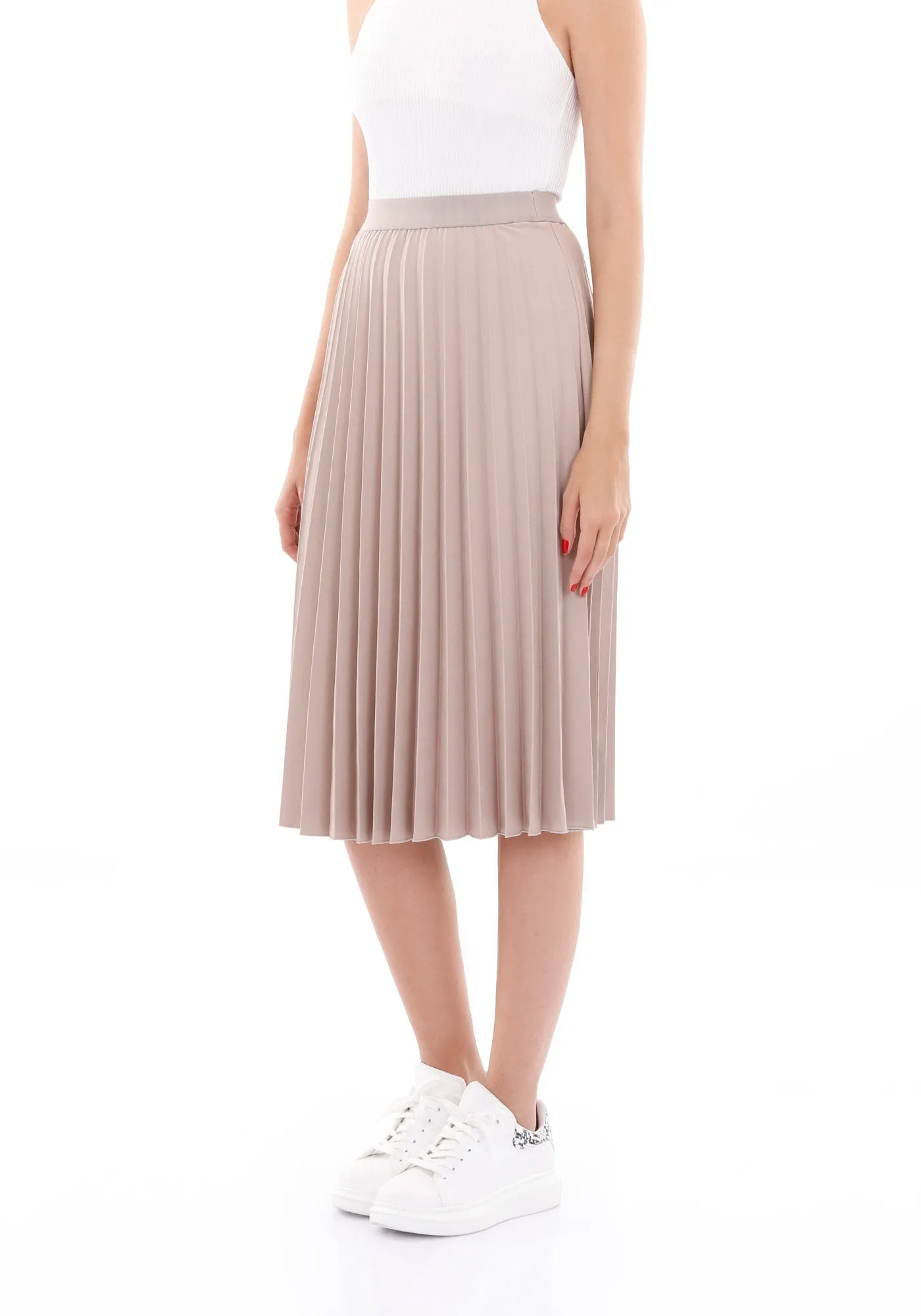 Elastic Waist Plisse Pleated Midi Skirt