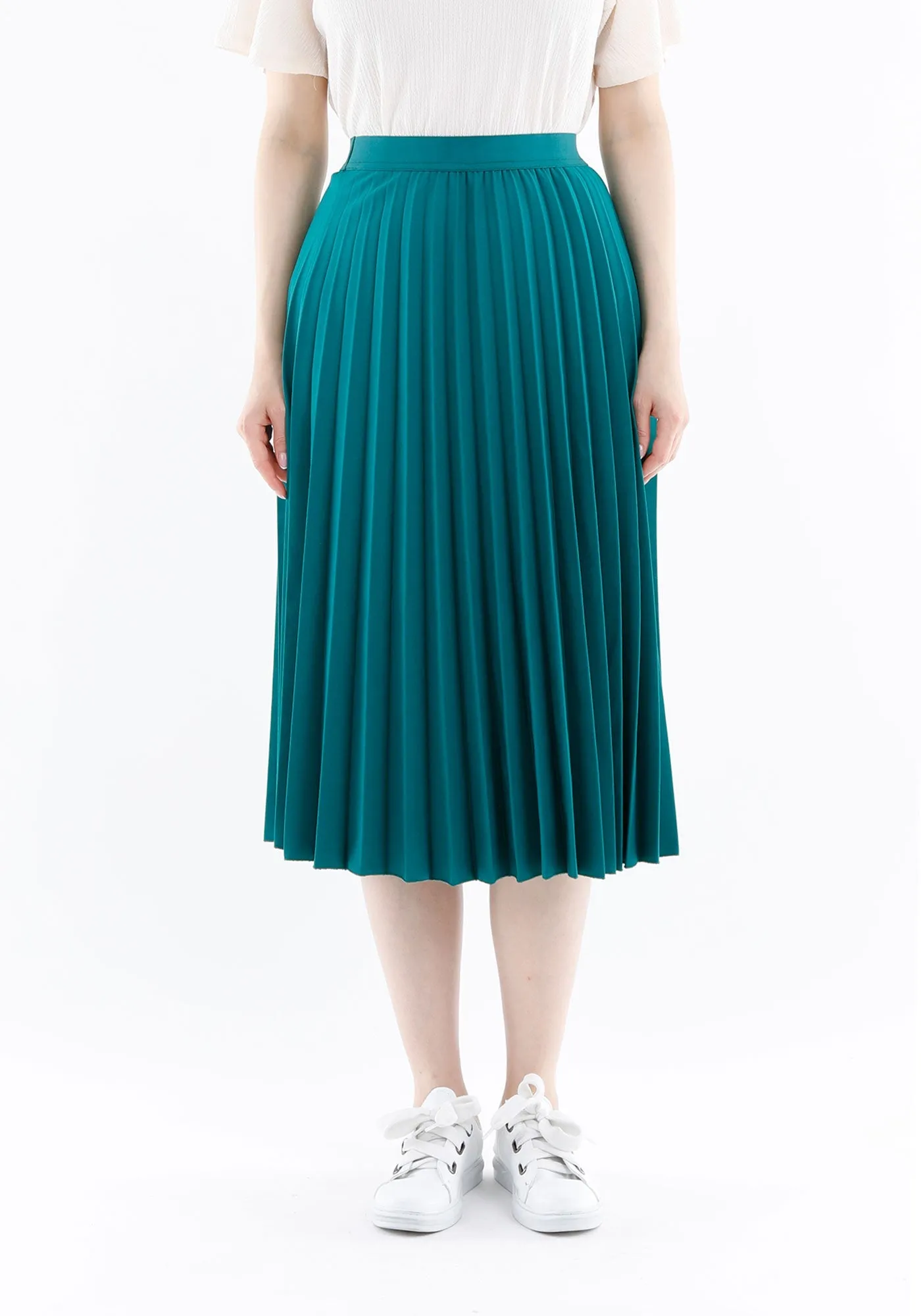 Elastic Waist Plisse Pleated Midi Skirt