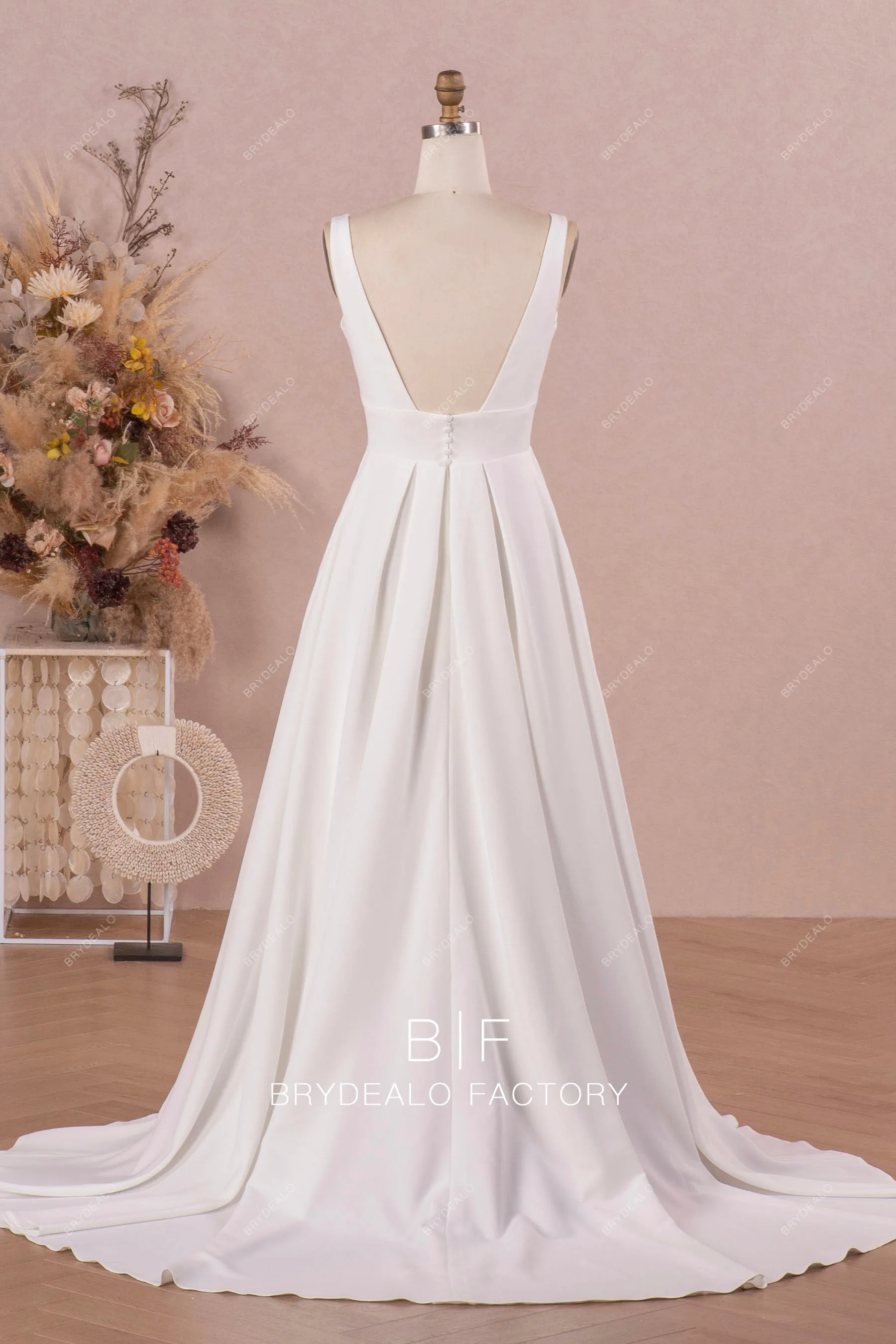 Elegant Straps Plunging Crepe Aline Wedding Dress