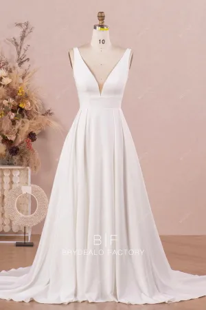 Elegant Straps Plunging Crepe Aline Wedding Dress