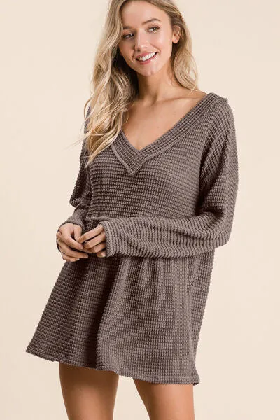 Explore More Collection - BiBi Waffle Knit V-Neck Babydoll Blouse