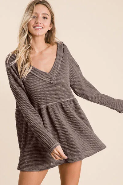 Explore More Collection - BiBi Waffle Knit V-Neck Babydoll Blouse