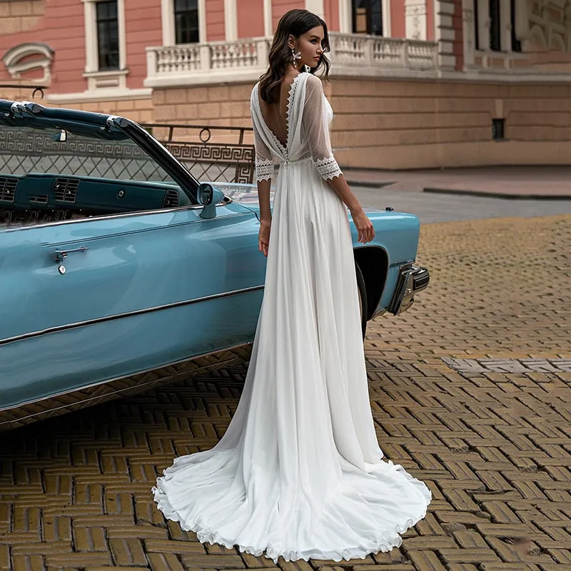 Fashion Boho Chiffon Wedding Dress Three Quarter Sleeve Backless Bridal Gown