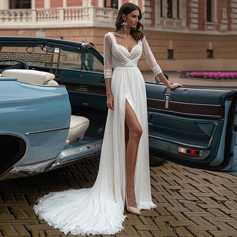 Fashion Boho Chiffon Wedding Dress Three Quarter Sleeve Backless Bridal Gown