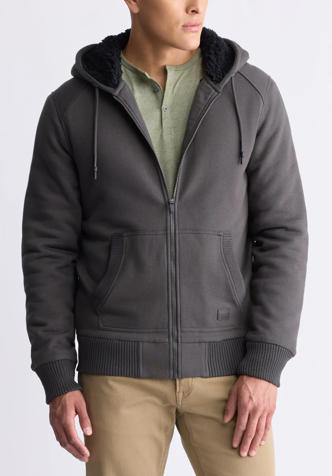 Fasox Men's Zip-Up Hooded Jacket with Sherpa Lining, Charcoal - BM24463