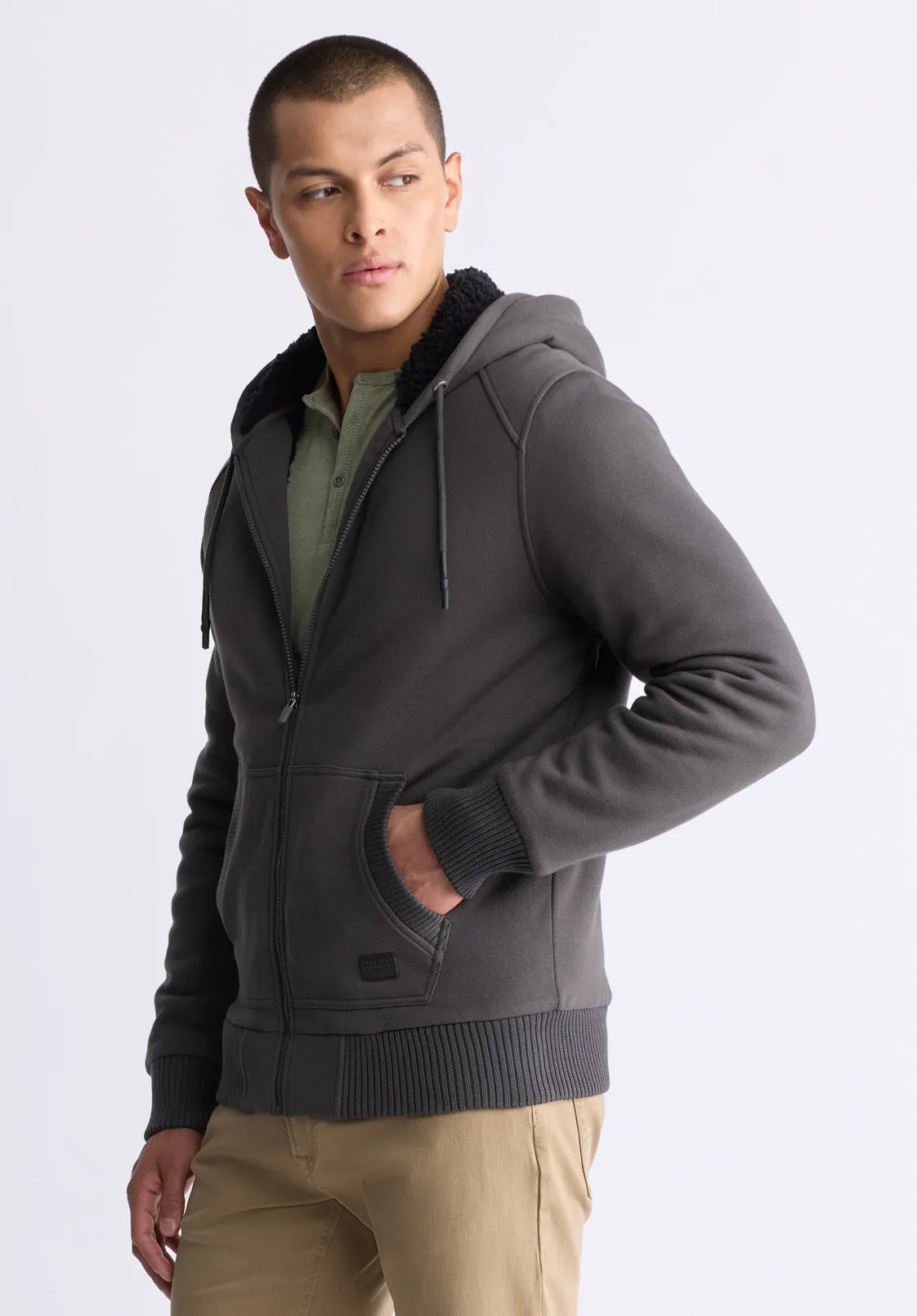 Fasox Men's Zip-Up Hooded Jacket with Sherpa Lining, Charcoal - BM24463