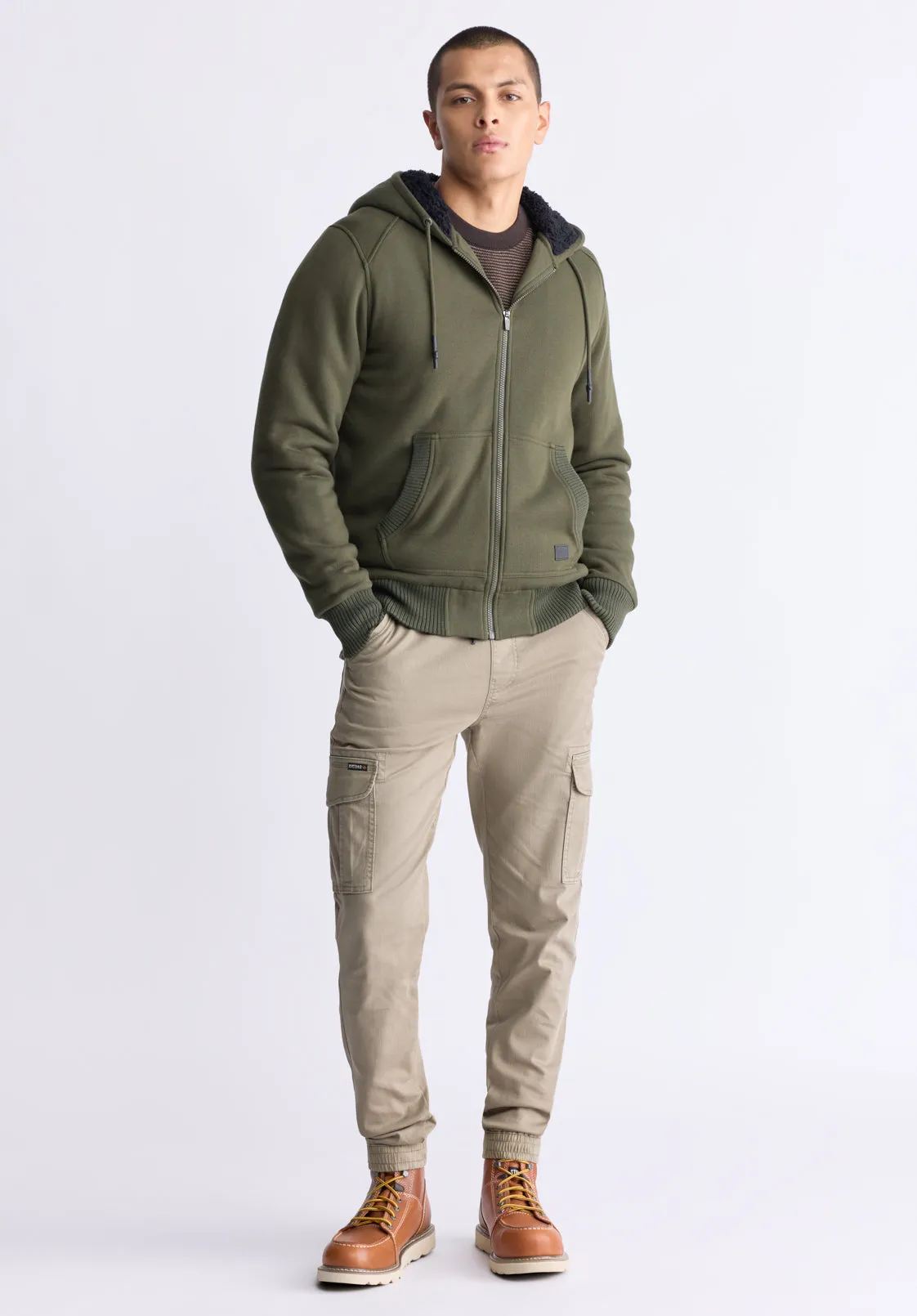 Fasox Men's Zip-Up Hooded Jacket with Sherpa Lining, Fern Green - BM24463