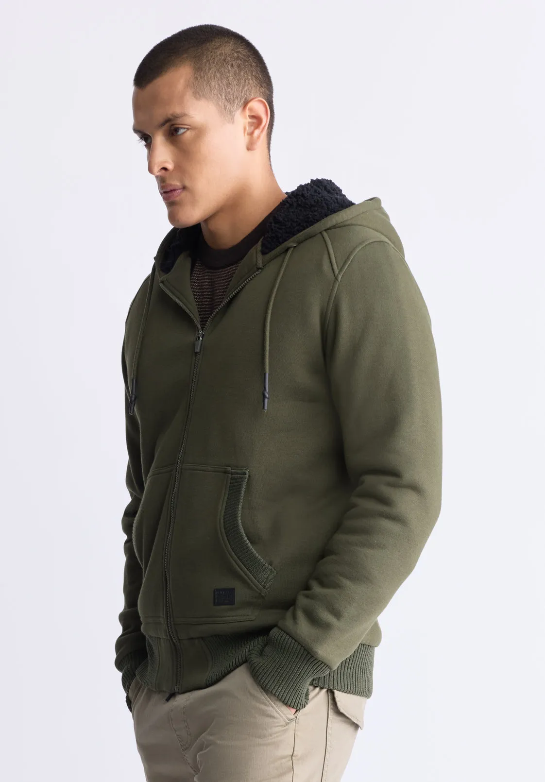 Fasox Men's Zip-Up Hooded Jacket with Sherpa Lining, Fern Green - BM24463