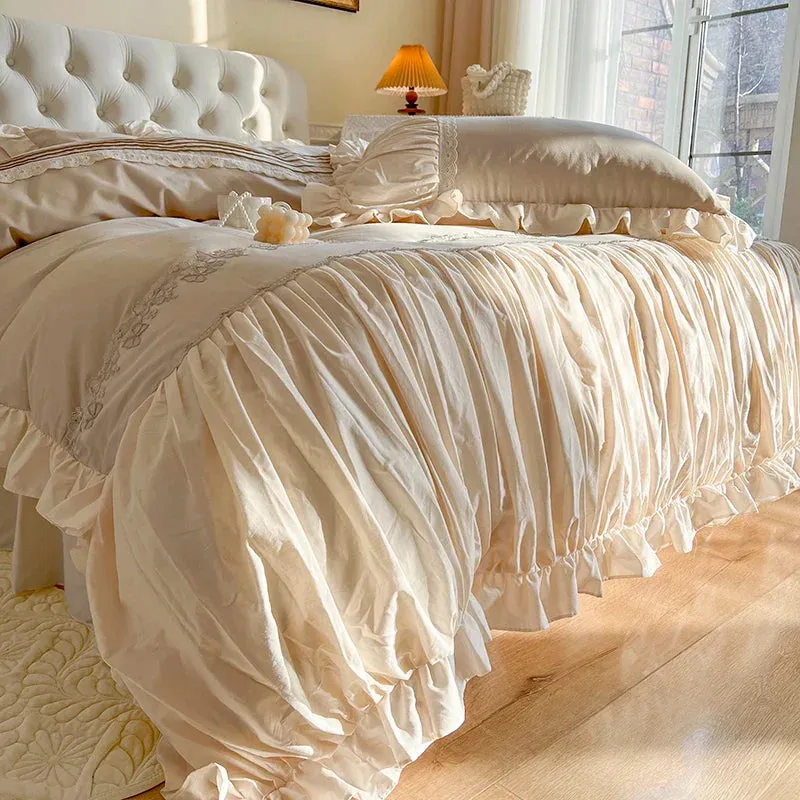 Flytonn-100% Cotton French Princess Bedding Set Pleated Edge Flower Embroidery US Size Duvet Cover Ruffle Bed Skirt Bedspread Pillowcase