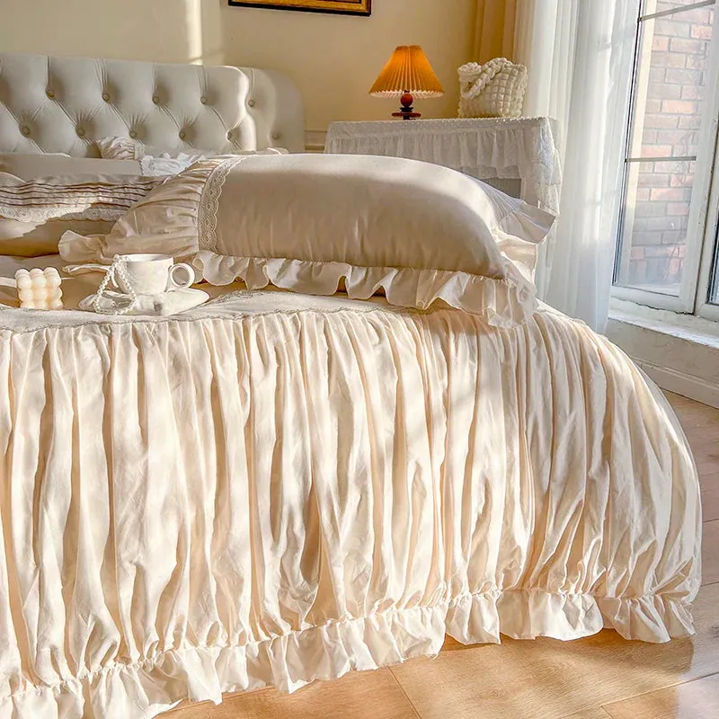 Flytonn-100% Cotton French Princess Bedding Set Pleated Edge Flower Embroidery US Size Duvet Cover Ruffle Bed Skirt Bedspread Pillowcase