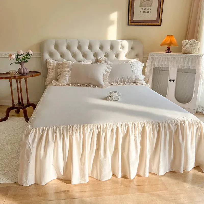 Flytonn-100% Cotton French Princess Bedding Set Pleated Edge Flower Embroidery US Size Duvet Cover Ruffle Bed Skirt Bedspread Pillowcase