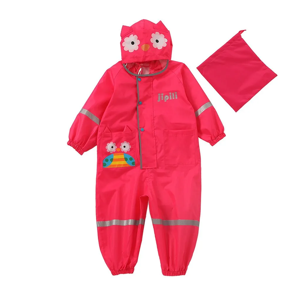 Fuchsia Pink Cute Owl Theme All Over Jumpsuit / Playsuit Raincoat for Kids