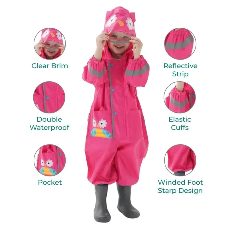 Fuchsia Pink Cute Owl Theme All Over Jumpsuit / Playsuit Raincoat for Kids